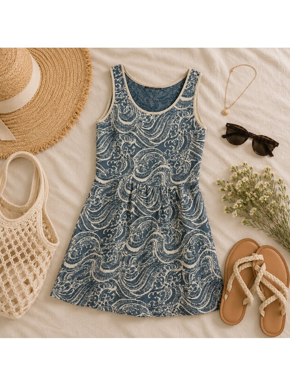 Peruvian Connection Knit Tank Dress M Blue Ivory Waves Sleeveless Boho